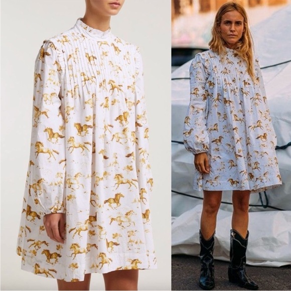 New with Tags GANNI White Horse Print Cotton Mini Dress - Picture 4 of 16